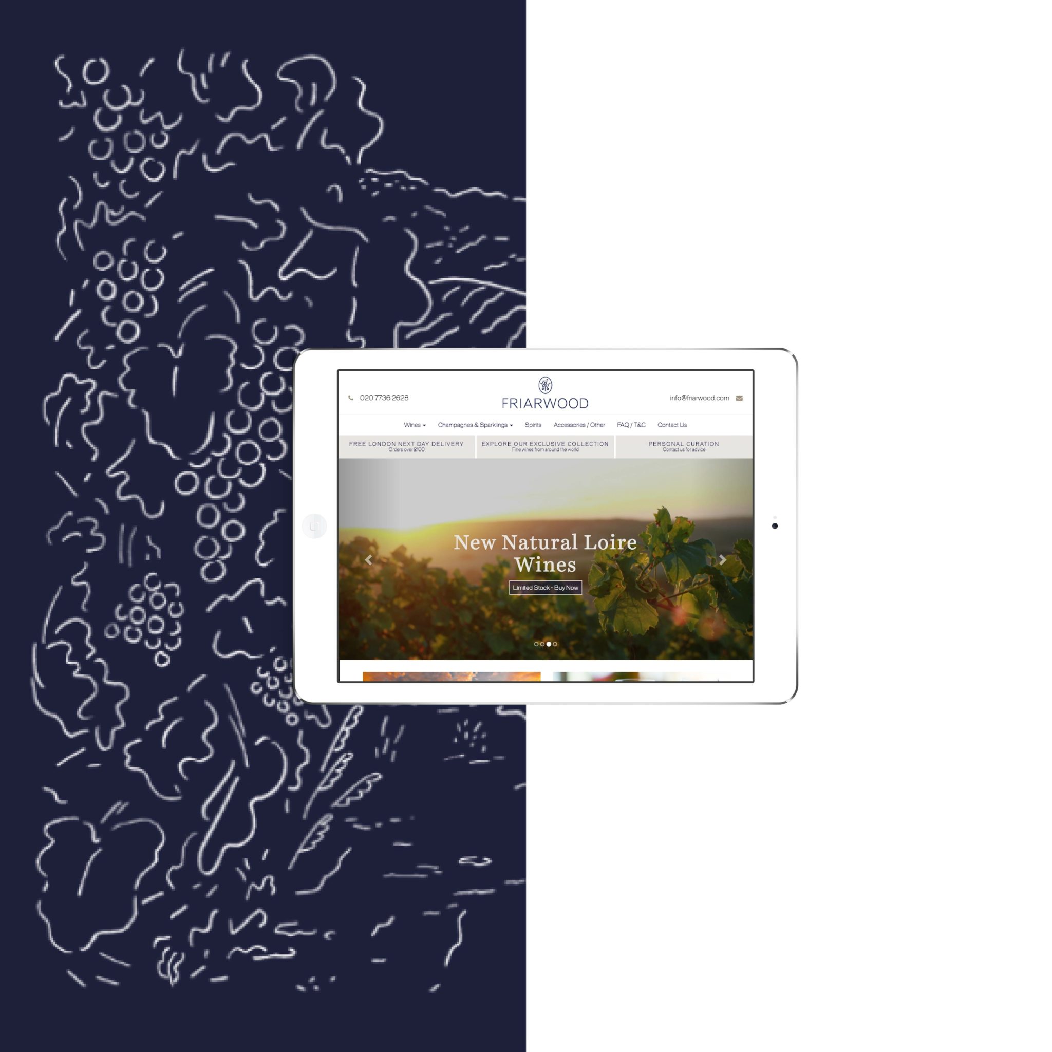 Friarwood E-commerce website shown on an iPad with a grape background